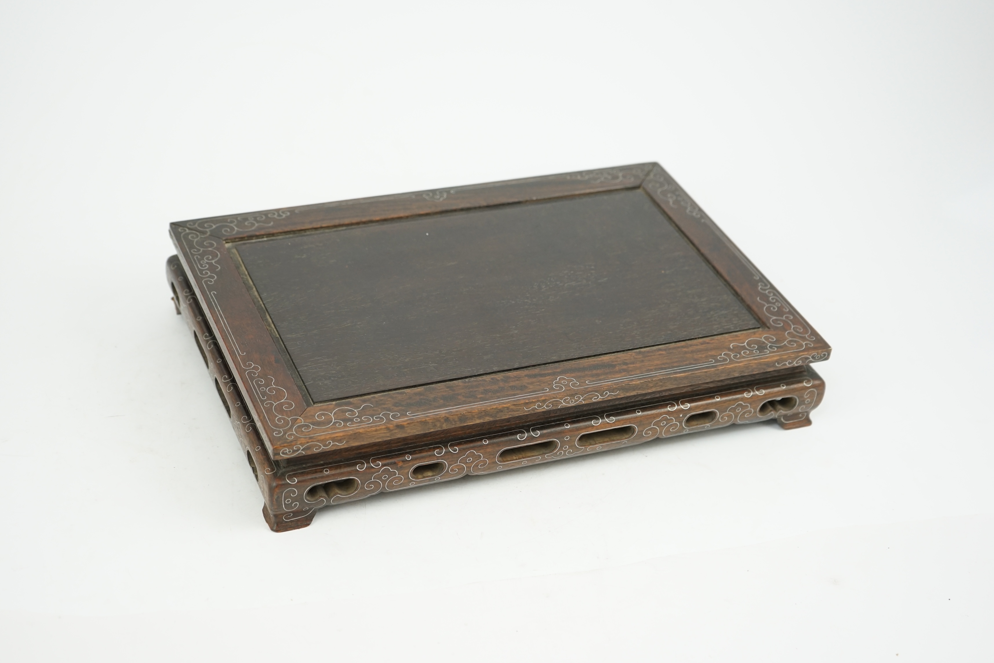 A Chinese silver wire inlaid hardwood stand, late 19th century